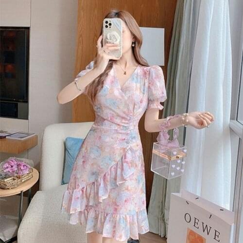 Bella Chic Short Sleeve Sundresses for Women Summer Design Sweet Floral Dresses Boho Beach One Piece Dress 2021 V-neck A-line