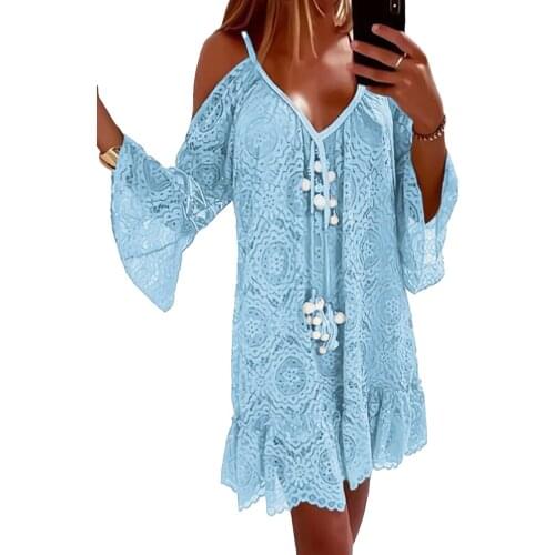 Women Floral Print Lace Hem Mini Dress Flare Long Sleeve Dress Sexy V Neck Summer Casual Loose Lady Patchwork Female Vestido D30