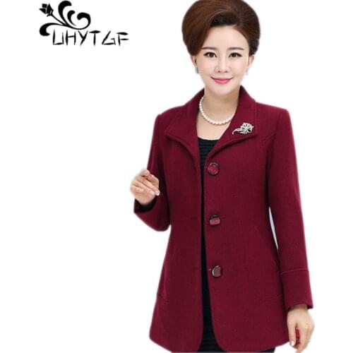 UHYTGF Womens Autumn Winter Woolen Coat Single Breasted Slim Ladies Outerwear Long Sleeved Loose large Size Jacket Female 676