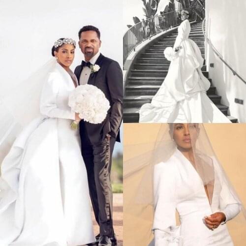 2020 Elegant African Satin Mermaid Wedding Dresses With Detachable Train Deep V Neck Long Sleeve Bridal Dress Custom Made