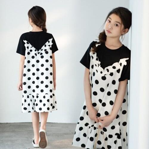 Teenage Girls One-piece Dot Print Dresses Summer 2021 Elegant Knee Length Soft Thin Dress 10 12 13 14 15 years