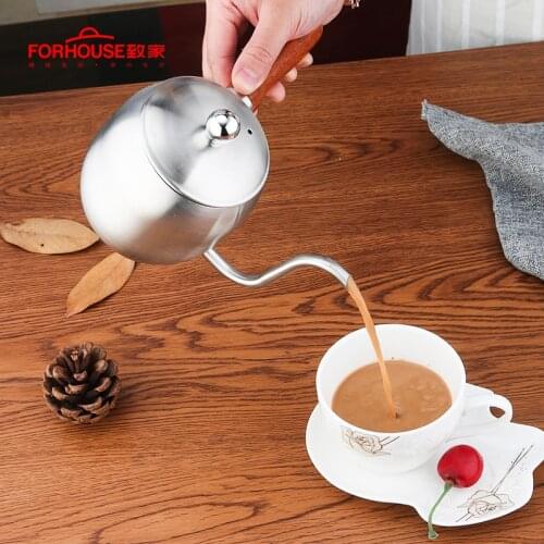 Stainless Steel Tea Coffee Kettle Gooseneck Thin Spout for Pour Over Coffee Pot with Wooden Handle