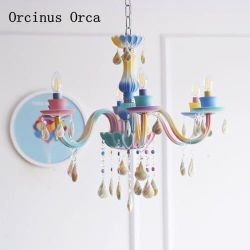 European Rainbow Candle Crystal Chandelier Restaurant Childrens Room Lamp American Creative Cartoon LED Candy Glass Chandelier