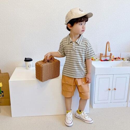 Toddler Boys Clothing Sets 2021 Summer New Kids Korean Style Casual Suits Lapel Striped T-shirt + Shorts Baby 2pcs Set For Boys