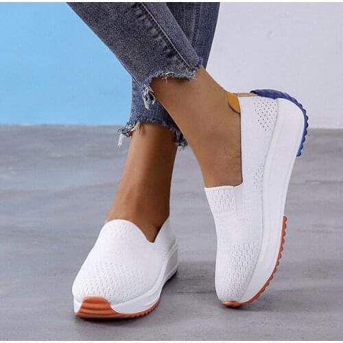 Womens Mesh Knitting Sneakers Breathable Women Ladies Elastic Band Female Casual Comfortable Shoes Plus Size Autumn