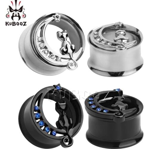 KUBOOZ Fashionable Popular Stainless Steel Zircon Cat Ear Piercing Plugs Gauges Body Jewelry Earring Tunnels Stretchers 8-16mm