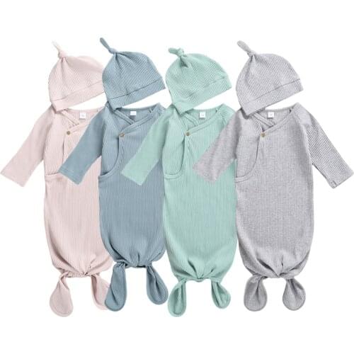 Lioraitiin 2Pcs 0-3M Newborn Baby Boys Girl Fall Sleeping Bags+Hat Solid Color Knit Long Sleeve Soft Sleepwear Cotton Nightwear