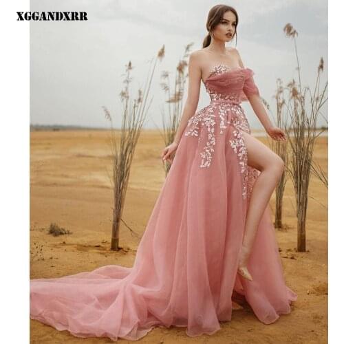 Charming A-Line High Side Slit Prom Dress 2022 Tulle Appliques Bow Long Skirt Pink Sleeveless Evening Dresses Chapel Train