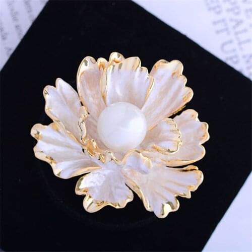 OKILY Beautiful Women Jewelry Enamel Peony Flowers Brooches Pin with Pearl Brooch Coat Accessories for Family New Year 2021 Gift