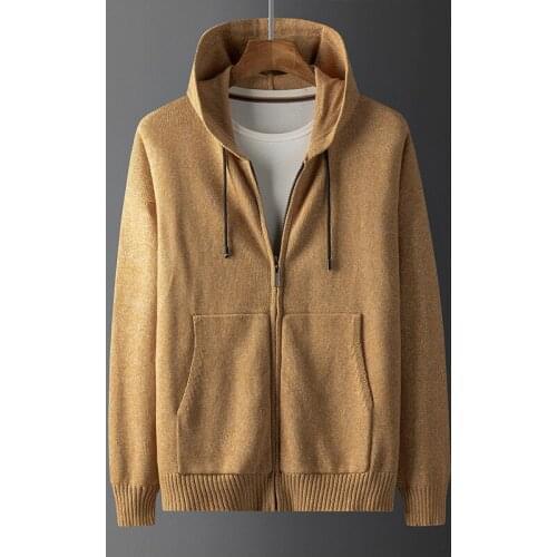 Autumn Lightweight Jersey Jacket Men Full-Zip Camel Knitwear Hooded Cardigan Coat Solid Color With Ribbing Edge Blouson Homme