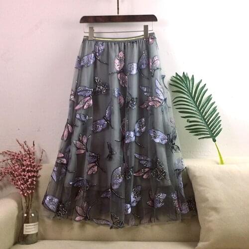 Autumn Women Mesh Skirt Fashion Dragonfly Sequin Embroidery Long Skirt Ladies Casual Voile Appliques Skirt Mid-calf Swing Skirts