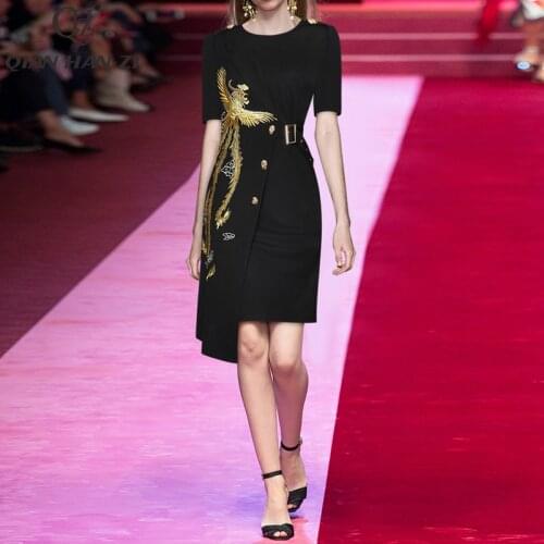 Qian Han Zi designer fashion runway women dress Short sleeve Phoenix gold thread embroidery button belt Slim Asymmetrical dress