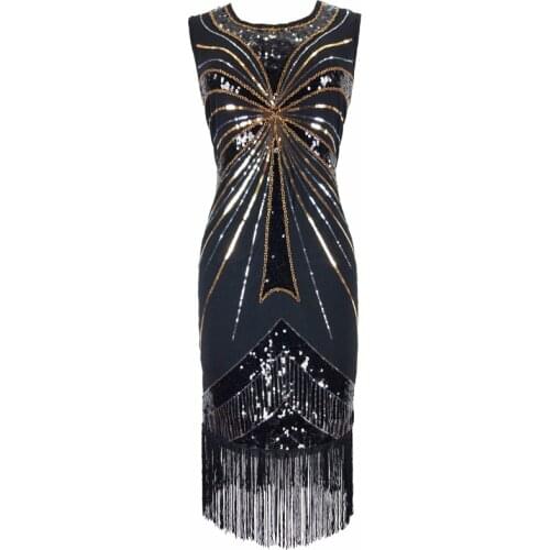 Roaring 1920s Great Gatsby Dress O-Neck Sleeveless Beaded Sequin Tassel Party Dress Classic Little Black Dress Flapper Costumes