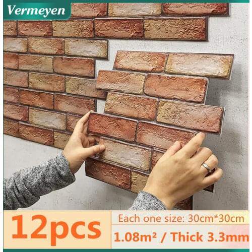 12pcs 3D Brick Wall Sticker Self-Adhesive Waterproof PVC Wall paper for Bathroom Oil-proof Kitchen Stickers DIY Home Wall Decor