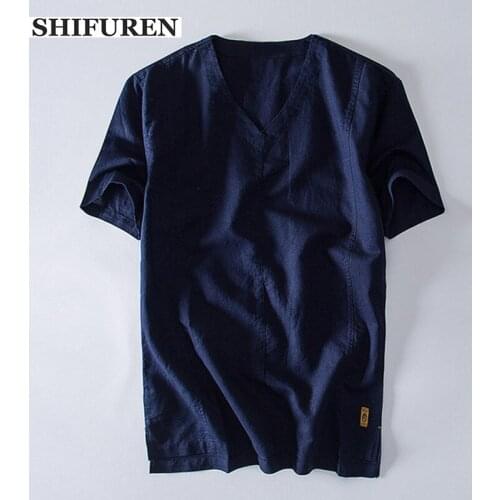 SHIFUREN 2019 Mens Casual Cotton Linen Blouse Shirts Short Sleeve V-Neck Summer Breathable Male Social Shirts Tops Solid Color