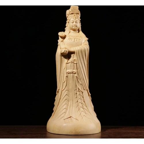 20cm Mazu Sculpture Cypress Wood Craft Solid Wood Buddha Statue Religious Gift Sea Mother God Home Decor