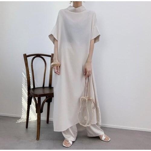 Loose Straight Short Sleeve Oversize Dress Korean Style Fashion Maxi Ankle-Length Plain Casual Pullover Women Summer Dress