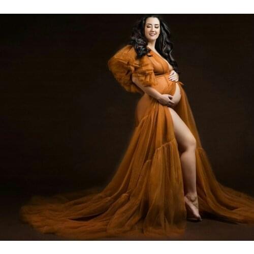 Ruffles Tulle Short Sleeve Maternity Dress Sexy Kimono Pregnant Women Robes Party Dresses for Photoshoot Sleepwear Sheer Robe