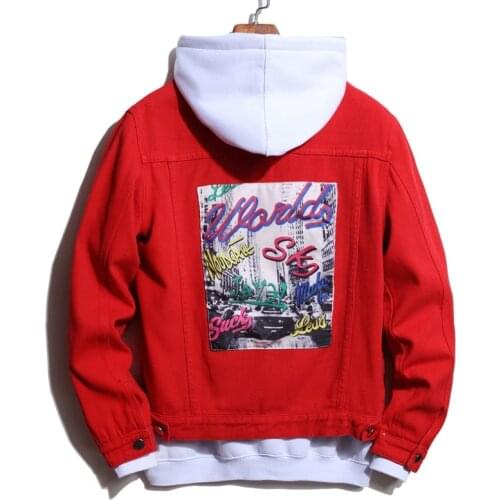 Street Hipster Hip Hop Print Patchwork Denim Jacket Mens Fashion Red Cowboys Tops Spring Autumn Casual Streetwear Jean Jackets