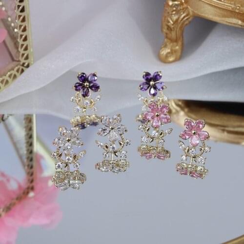 Korea New Design Fashion Jewelry 14K Real Gold Plated AAA Zircon Color Leaf Flower Earrings Elegant Sweet Womens Daily earring