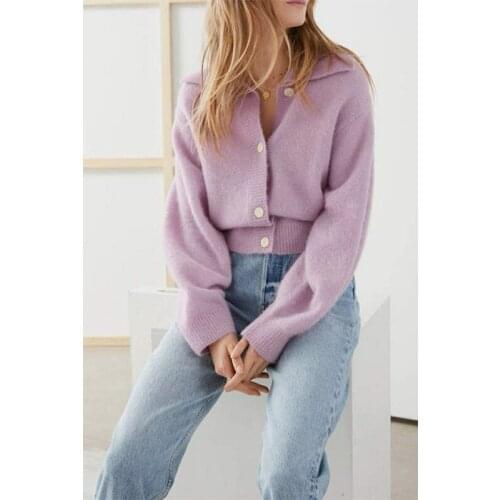 Womens Turn-Down Collar Sweater Cardigan 2021 Autumn New Ladies Single Breasted Long Sleeve Purple Knitwear Tops