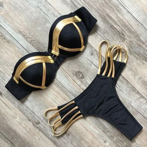 2020 Black Bandeau Bikini Set Push Up Women Golden Stamping Swimwear Biquini Thong Sexy Strapless Swimsuit Bathing Suit XL