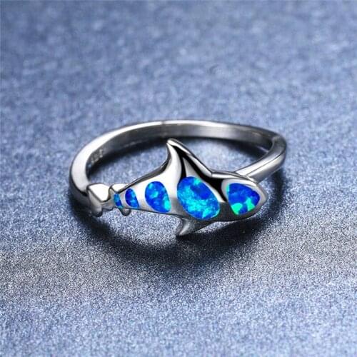 Female Classic White Blue Opal Stone Shark Ring Vintage Silver Color Thin Engagement Ring Dainty Bride Wedding Rings For Women