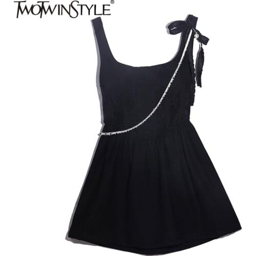 TWOTWINSTYLE Sexy Patchwork Lace Dress For Women Square Collar Sleeveless Hollow Out Black Mini Dresses Female Fashion New 2021