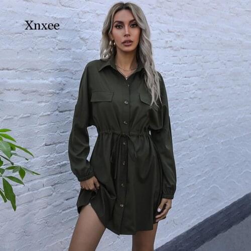 2021 Summer Fashion Khaki Shirt Dress Women Spring Long Sleeve Drawstring Waist Office Lady Short Dress Womens Clothing Black