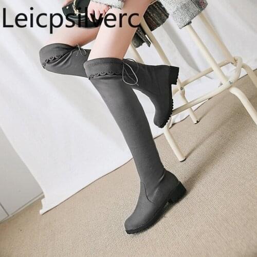 Winter The New fashion Flock Round head Lace-up Thick heel Low-heeled Womens Over the knee boots plus size 34-43