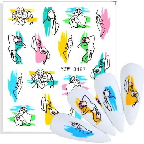 1pcs Fashion Stick Figure Women Face Nail Decal Sliders Abstract Lady Face Water Wraps Tattoo 2021 NEW Designs DIY Manicure Foil