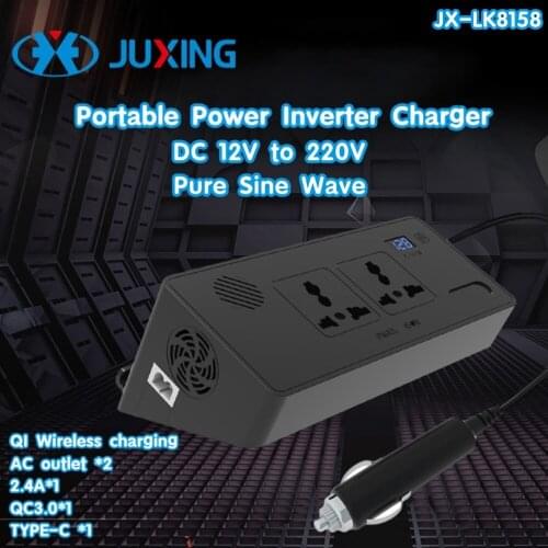 JUXING Car Power Charger 12V to 220V Multi-function Converter with QI Charging + 2 AC Outlet + 2.4A USB +QC 3.0+ TYPE-C Adapter