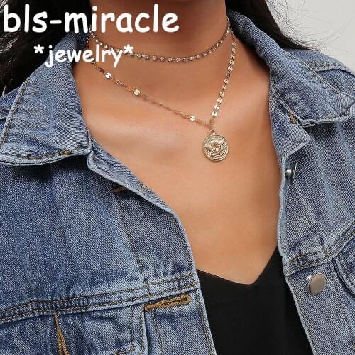Bls-miracle Boho Double Layered Crystal Necklaces Choker For Women Collar Shiny Sequins Carved Coin Rose Flower Pendant Necklace