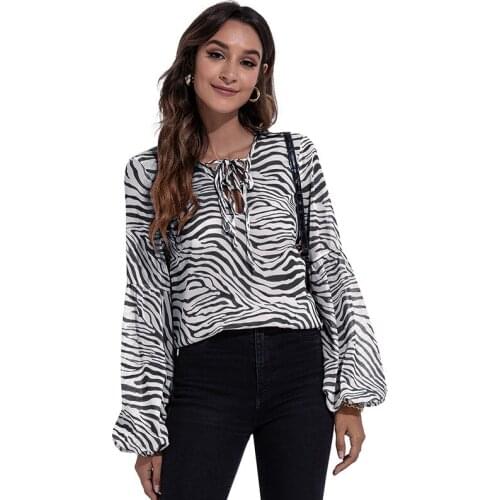 2021 Autumn New Product Plus Size Blouse Long-sleeved Fashion Casual Zebra Pattern V-neck Tie Print Puff Sleeve Chiffon Shirt