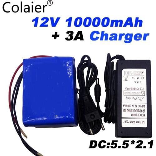 Colaier Large capacity 12V 10Ah 18650 lithium battery protection board 12.6v 10000mah capacity+ 12V 3A battery Charger