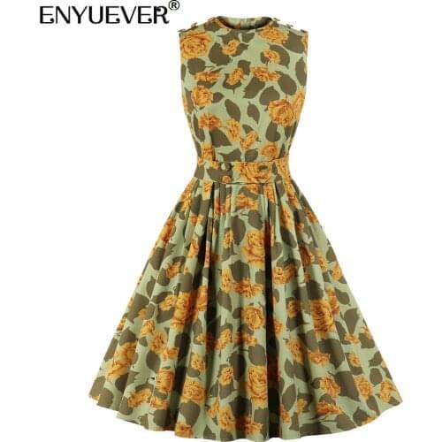 Enyuever Elegant Floral Summer Dress Women Clothing Sleeveless Slim Robe Pin Up Swing Flare Short Holiday Party Casual Dresses