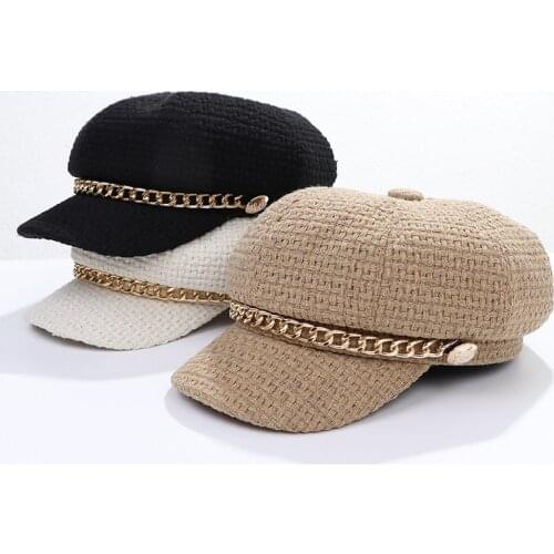 Peaked cap autumn new ladies chain cotton linen baseball cap outdoor shopping fashion cute literary octagonal peaked hat