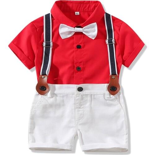 Kimocat Baby Boy Gentleman 4-Piece Suit, Red Short-Sleeved Shirt Top + Bow Tie + Suspender Shorts Summer Suit 6 Months-3 Years