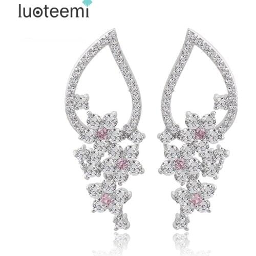 LUOTEEMI Wholesale Luxury white gold-Color Pink & White AAA Cubic Zirconia Flower Earrings Women Wedding Jewelry Free Shipping