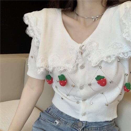 Young girl V Collar Lace Cute strawberry Diamonds short sleeve Summer 2021 New knitted Women top female Knit Cardigan 588C