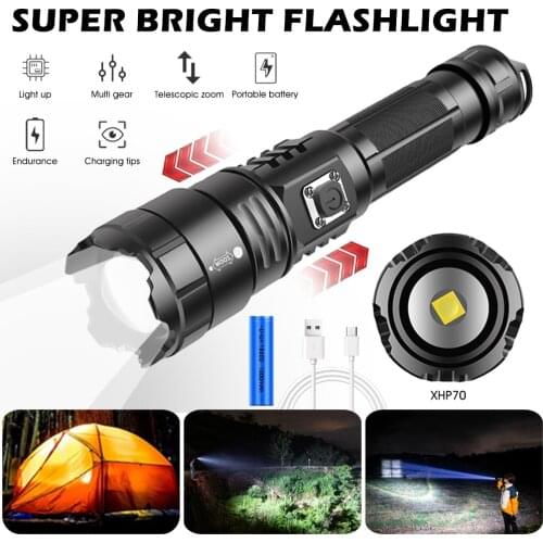 Powerful LED Flashlight 18650 27100 battery USB XHP70 LED Torch Zoomable Lantern Flashlight for Hunting Camping Lamp Hand Light