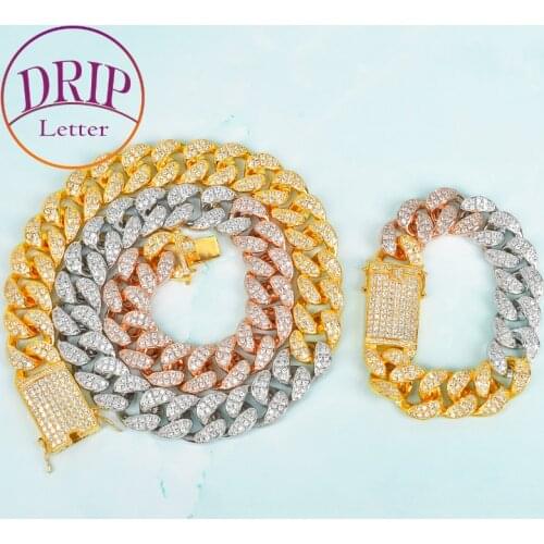 20mm Iced Mixed Color Cuban Necklace With Bracelet Set Mens Hip Hop Rock Bling Cuban Zircon Fashion Jewelry