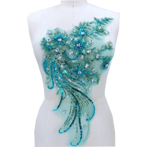 Sew on Three-dimensional flower patches green lace applique 50*24cm with hand sewing stones for dress DIY accessories