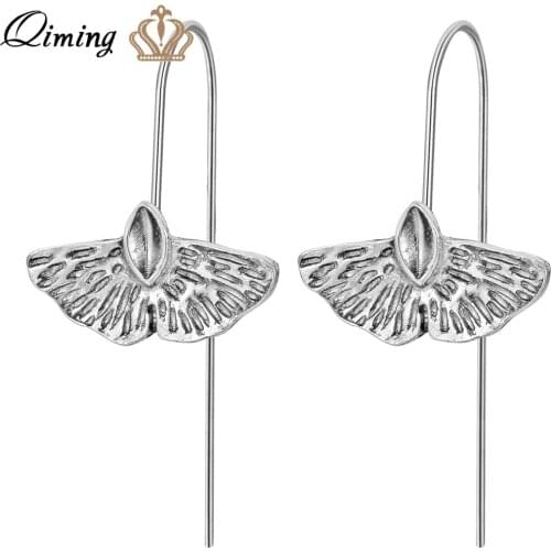 QIMING Silver Garnet Ginkgo Biloba Leaf-dangle Earrings Hammer Long Drop Women Earrings Fashion Jewery