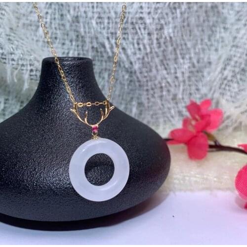 SHILOVEM 18k yellow gold Natural white Jasper pendants Christmas Gift fine Jewelry plant new none necklace 20mm mymz202066892hby