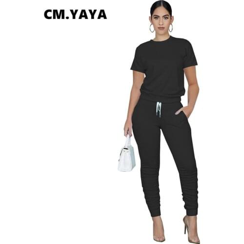 CM.YAYA Active Womens Matching Set Fashion Sweatsuit Outfits T-shirts and Stacked Jogger Pants Two 2 Piece Set Sport Tracksuit