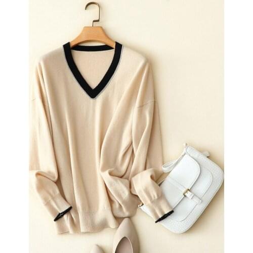 Spring autumn new styles contrast V-neck sweater womens loose pullover quality knitted soft 100% pure cashmere sweater women