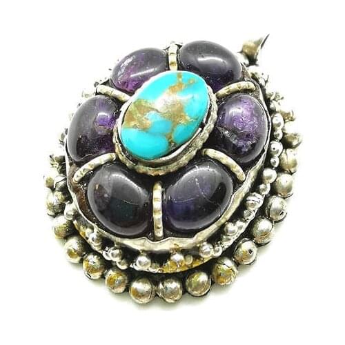 Tibetan Pendants Copper Inlay Natural AmethystCrystal Egg Beads Flower Pendant Vintage Jewelry TBP264