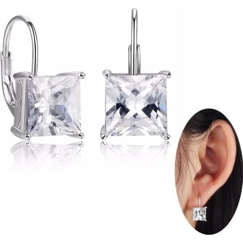 Gorgeous 925 Sterling Silver Square Clear Cubic Zirconia Solitaire Leverback Prong Setting Dangle For Women Girls