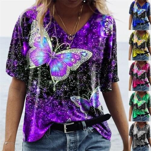 Hot Style European And American Womens 2021 Spring And Autumn Tops Sleeve Butterfly Print New T-Shirt